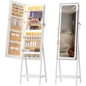 RGB LED Mirror  Cabinet, Large  Armoire Cabinet Standing, Lockable Full Length Mirror with  Storage, Space-Saving  Organizer Mirror, 14 RGB Lights, White
