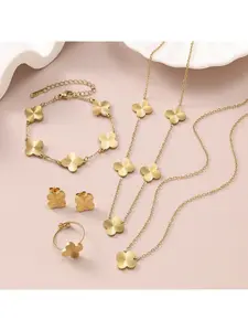 Gold Tone Clover Jewelry Set for Women, 4Pcs Textured Quatrefoil Necklace Bracelet Earrings Ring Set, Elegant Everyday Jewelry