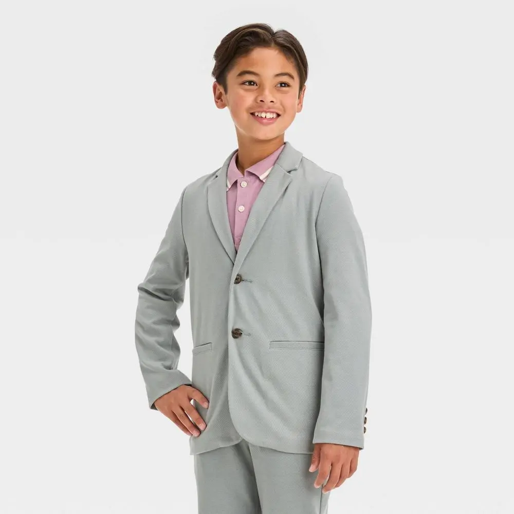 Cat & Jack Boys' Husky Fit Knit Blazer, Plain Long Sleeve Stretch Cotton Button-Up Jacket, Machine Washable, Below Waist, Single Breasted, Button Down