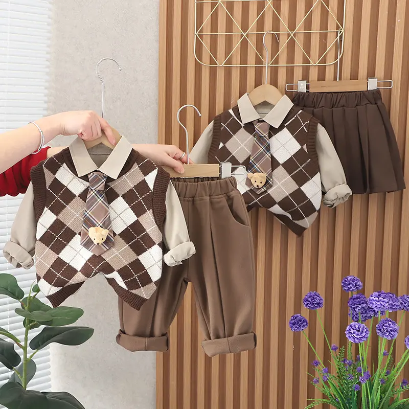 3pcs Kids' Preppy Style Autumn/Winter Set: Plaid Knit Vest + Shirt + Casual Pants - Versatile, Comfortable Outfit for Back-to-School Season, Halloween & Christmas Styles, Essential Holiday Wear, Perfect for Outdoor