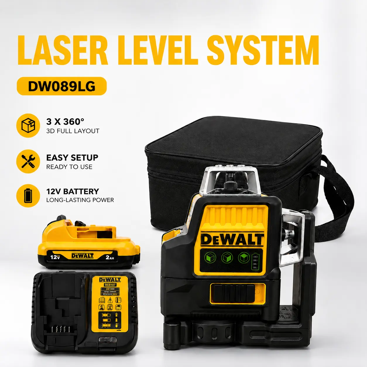 DEWALT DW089LG Laser Level Kit, 12-Line 3 x 360° Green Beam, 12V MAX, Self-Leveling, Battery & Charger Included, Indoor & Outdoor Layout Tool