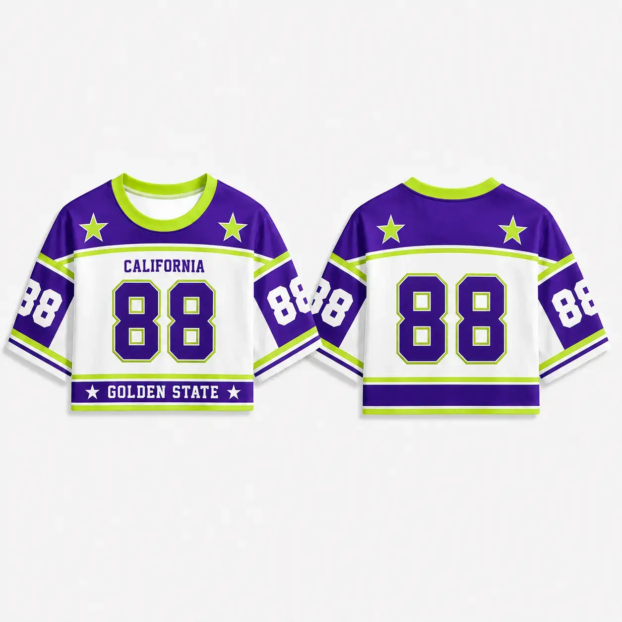 California Golden State 88 Purple Lime Green White Crop Top, Varsity Jersey Short Sleeve T-Shirt, Y2K Concert Streetwear Women