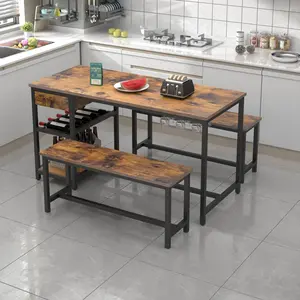 54.7" Dining Table Set for 4-6 People, Kitchen Dinner Table with 2 Bench, Dining Room Table Set with Storage Drawer & Shelf, 3-Piece Breakfast Nook Table with Wine Rack &Glass Holder