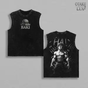 Baki Hanma Intense Aura Anime Tanktop, Vintage Washed Heavyweight Oversized Sleeveless Tee, Muscle Power Graphic Back Print Streetwear, Premium Cotton Manga Apparel, Trending Anime Aesthetic Clothing, Gift for Fans