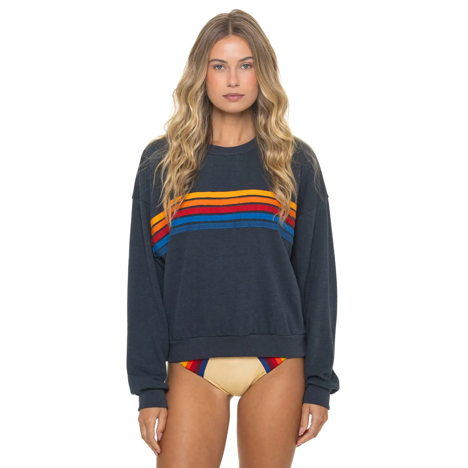 5 STRIPE RELAXED CREW SWEATSHIRT - CHARCOAL