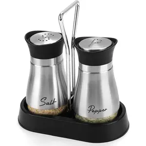 Salt and Pepper Shakers Set with Holder, 4 oz Stainless Steel Salt Pepper Shaker Containers with Glass Bottom for Kitchen Cooking, BBQ, Bar, Table, RV, Camp