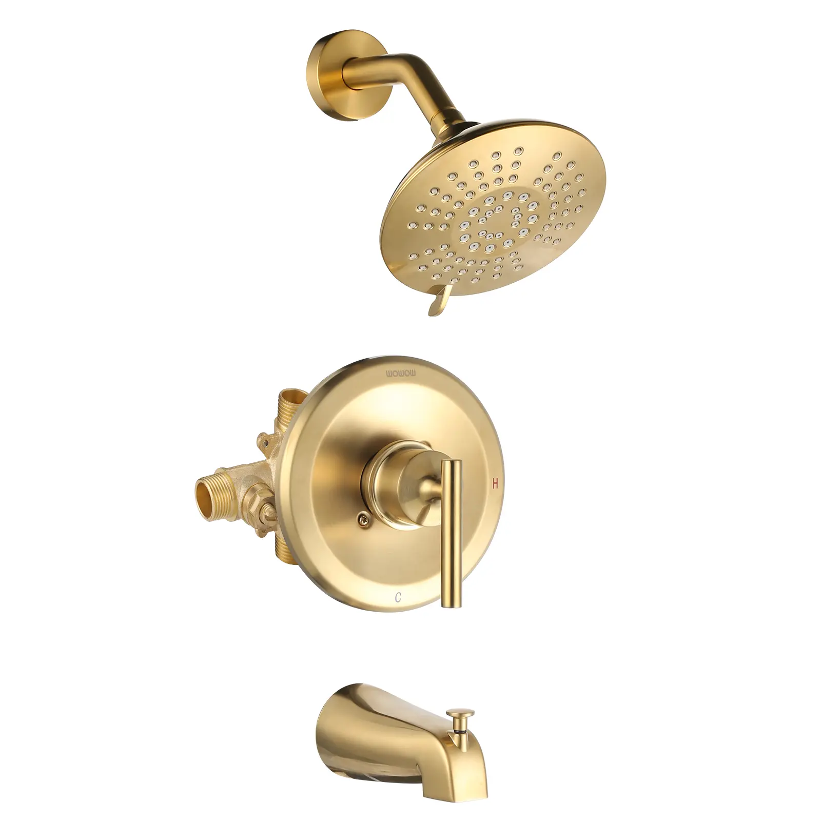 WOWOW Brushed Gold Brass Wall-Mount Shower Tub Faucet Set - Single Handle Bathroom Trim Kit with 5 Different Water Settings High Pressure Showerhead, Tub Spout, Hot/Cold Control