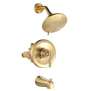 WOWOW Brushed Gold Wall-Mount Shower Tub Faucet Set - Single Handle Bathroom Trim Kit with 5-in-1 Multi-Function Fixed High Pressure Showerhead and Tub Spout, Shower Head Combination