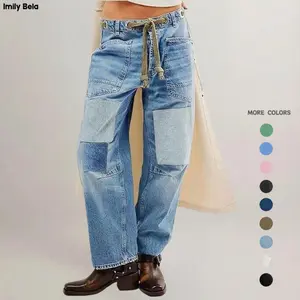 Imily Bela Womens Baggy Barrel Horseshoe Jeans Wide Leg Patchwork Low Rise Denim Pants with Pockets