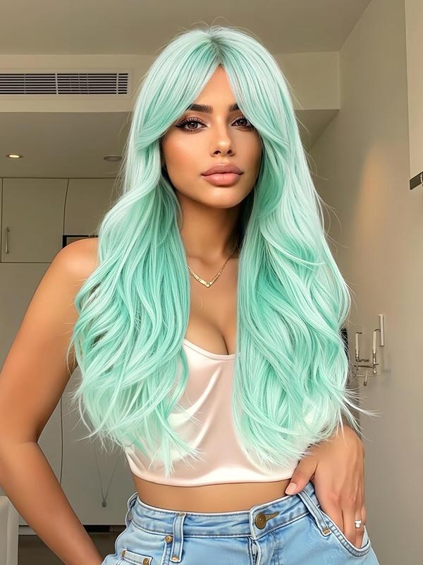 26 Inch Mint Green Long Curly Wigs for Women, Gorgeous Fluffy Wigs with Blunt Bangs, Synthetic Full Machine Wigs for Party, Daily Use