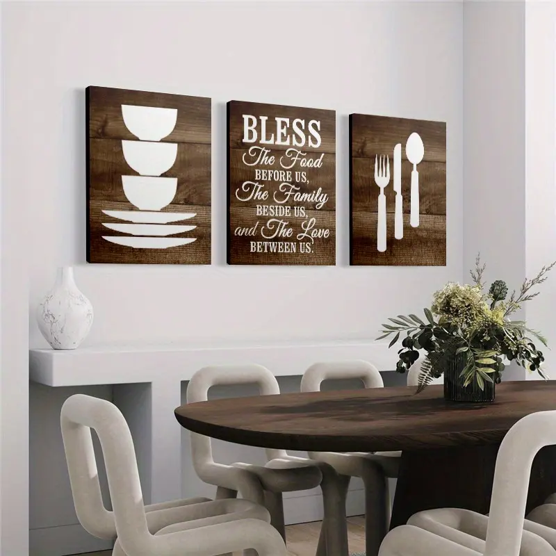 3 Pieces Farmhouse-Style Wooden Framed Print Set, Artistic Kitchen Wall Decor with "Blessings On The Food Before Us" Quote & Fork-Knife Design, Elegant Dining Room Hanging Decor for Home Use, Framed Set