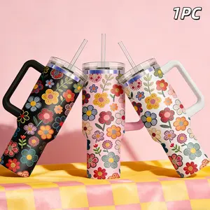 40oz Retro Small Flower Car Cup, Water Bottle, Handle Cup, Insulated Water Bottle, Good Insulation Effect, Ideal for Daily Use, Stylish and Durable，tumbler cup