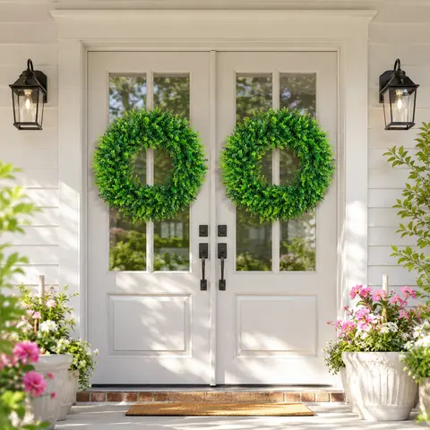 20/24-Inch Handmade Artificial Boxwood Wreath with Decorative Ribbon, Decorative Ribbon Wreaths for Front Door Decor, Party Decoration Supplies, Greenery Decoration, Everyday Favorite Garlands & Swags, All-Season Indoor Outdoor Home Decor