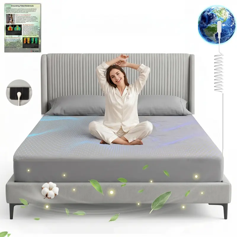 Grounding Fitted Bedsheets - Queen & King Sizes, 10% Silver Touch Pure Silver Fiber-90% Skin-Safe Organic Cotton, Soft Woven, Wrinkle-Free, Breathable, All-Season, Durable, Easy Setup: Snap Cord to Metal Stud, Earth’s Negative Bedding Linens