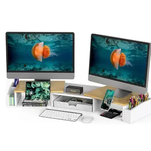 Dual Desk Monitor Stand Riser with Drawer and Organizer - Multi-Functional Monitor Stand
