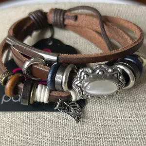 Leather Bracelet with Silver Charms and Beads - Brown Leather Wrap Bracelet for Women