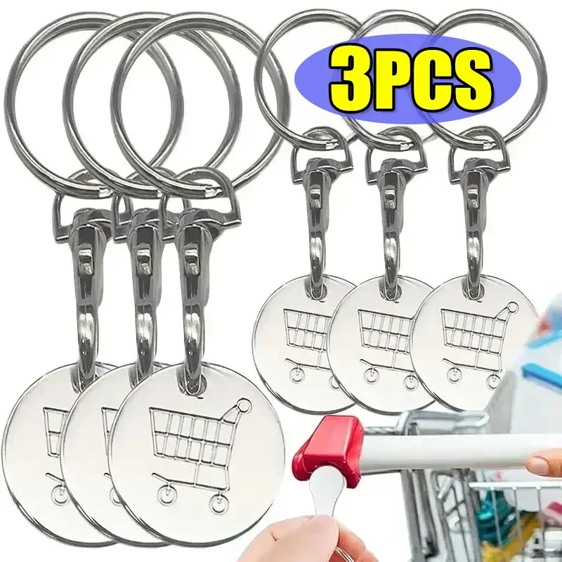 1/3PCS Trolley Tokens Keychains Universal Small Metal Stainless Steel Portable Shopping Cart Tokens Key Ring Ornament Decoration