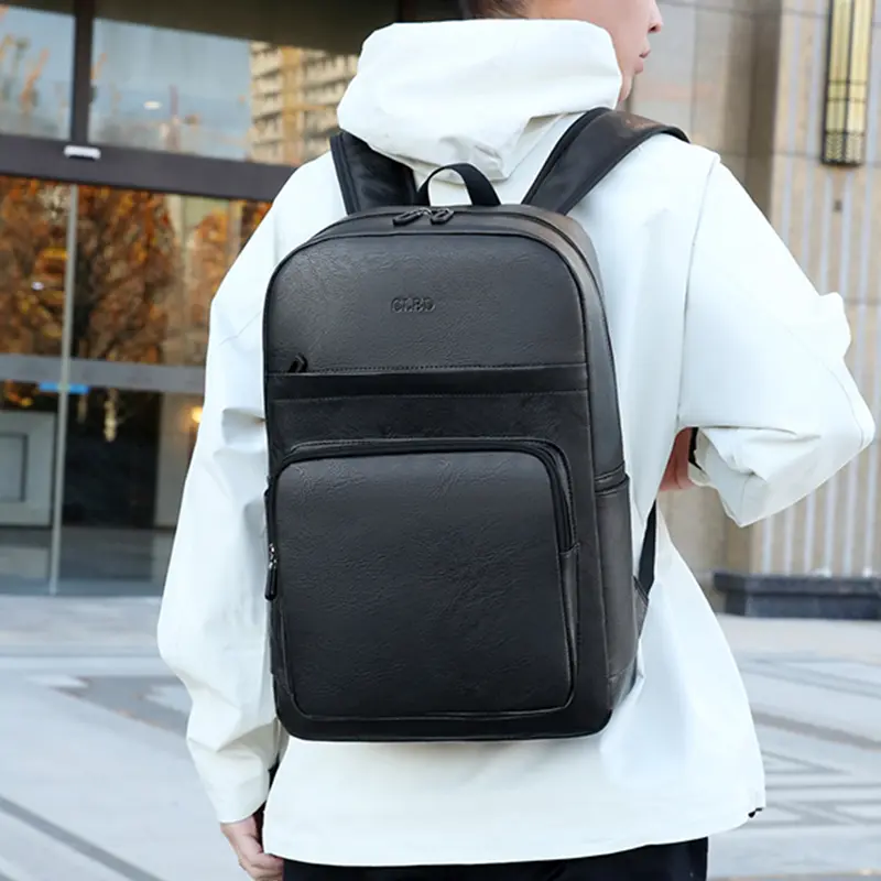 Men's Black Leather Laptop Backpack - Slim Business Computer Bookbag with Luggage Strap, Fits 15.6 Inch Notebook for Work, Daily Use