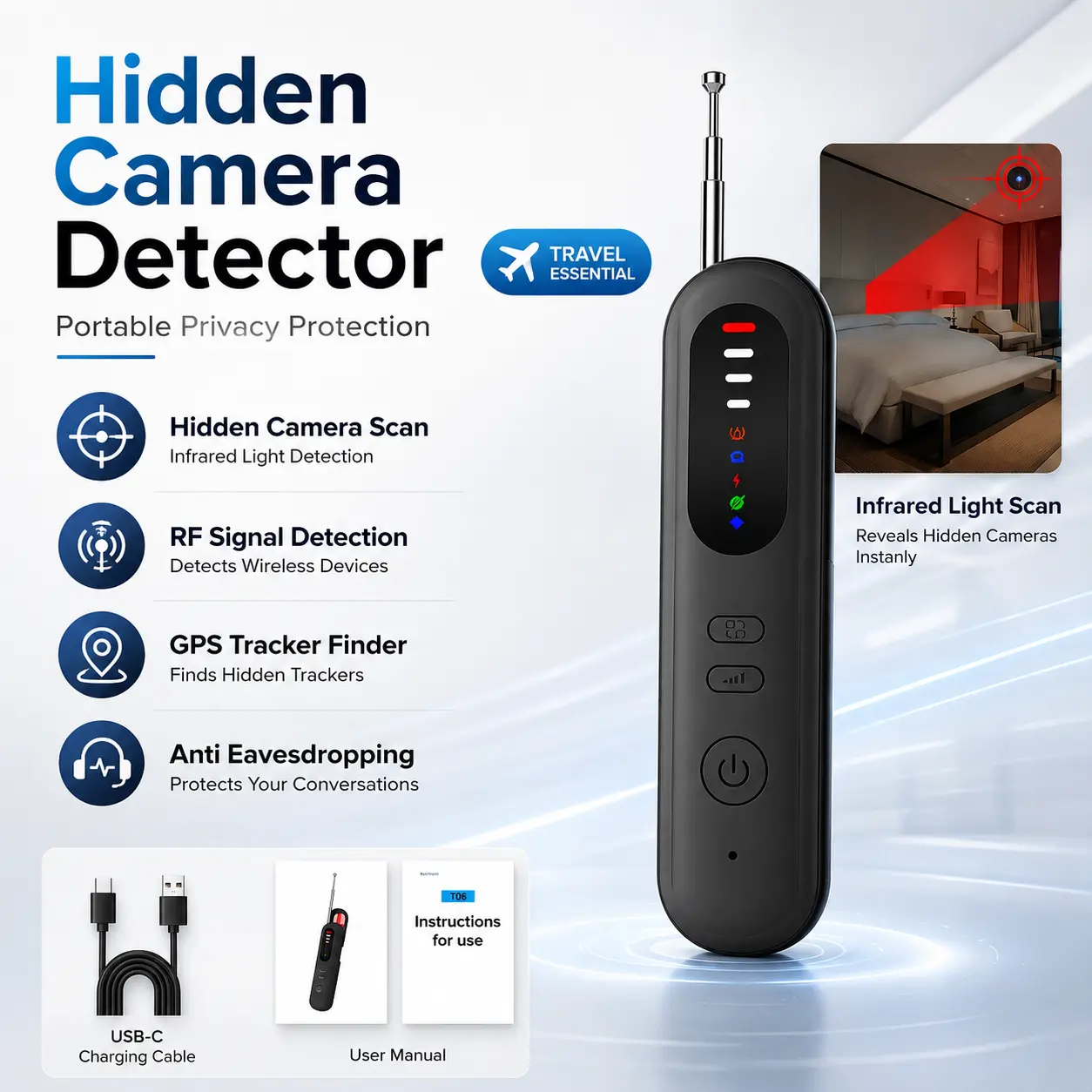 Handheld Hidden Camera Detector - Anti-Spy RF Scanner with 6-Level Adjustable Signal, Retractable Antenna & Infrared Scan, Portable Privacy Protector for Travel, Home Security, 6 Levels Adjustable