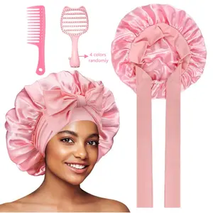 Double Layer Satin Bonnet Soft Breathable Hair Care Adjustable Night Sleeping Cap Heatless Styling Tool for Women Silk Feeling Non-slip Elastic Band with Cat-shaped Detangling Brush