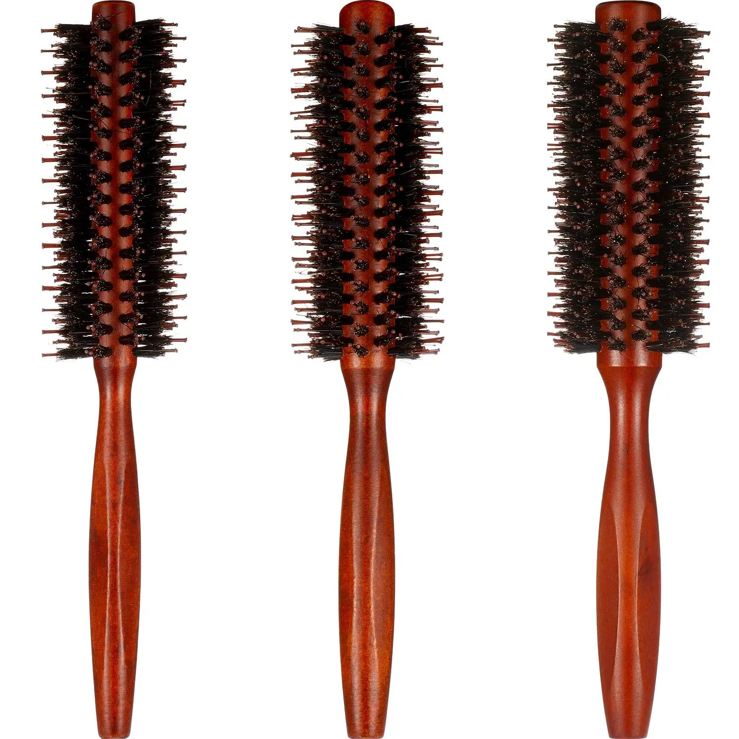 3-Piece Boar Bristle Round Hair Brush Set for Blowouts, Styling, and Curling, Wooden Handle Quiff Roller for Women and Men, 10, 12, and 14 Rows, 3Pack-Set, Round Blowout Brush