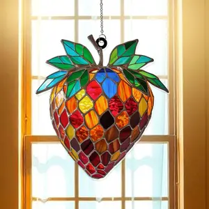 Glossy Colorful Acrylic Strawberry Suncatcher with Light, Metal Accents and Tree Element - Hangable Home Decor, Christmas Gift Ornament, Kitchen Window Hanging