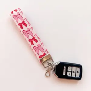 Bow Keychain Wristlet - Pink Design with Red Bows & Black Keyring Attachment