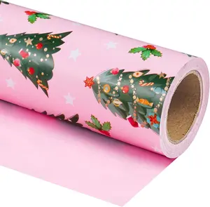 Reversible Pink Christmas Wrapping Paper Mini Roll 17 Inch x 33 Feet Double-Sided Festive Tree Design for Holiday Party Celebration