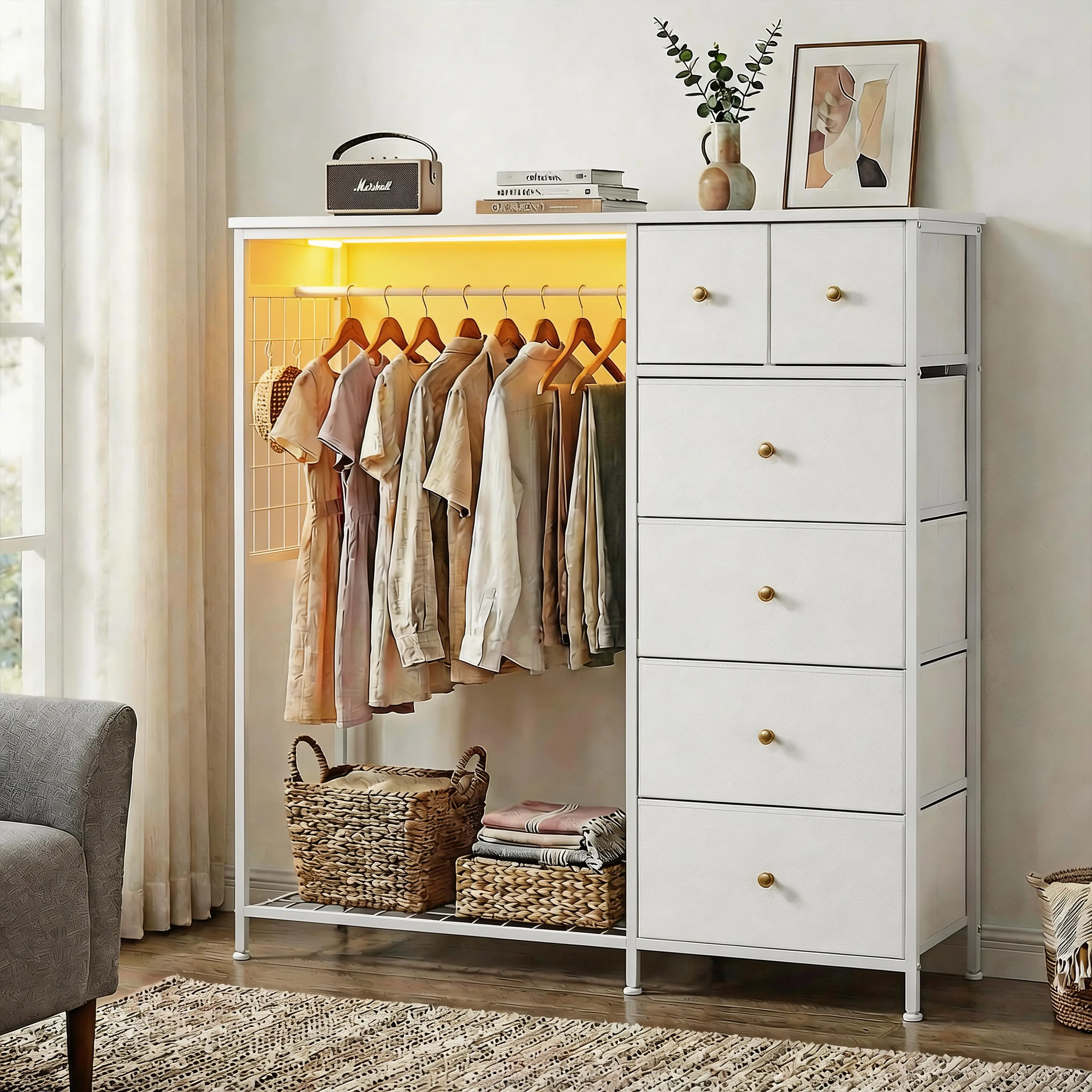 Reversible Modern Bedroom Dresser - 6-Drawer Wooden Top Cupboard Closet Organizer with Hanging Rack, LED Lights, Built-in Charging Station for Home Storage Organization, Room Storage, Clothing Organization