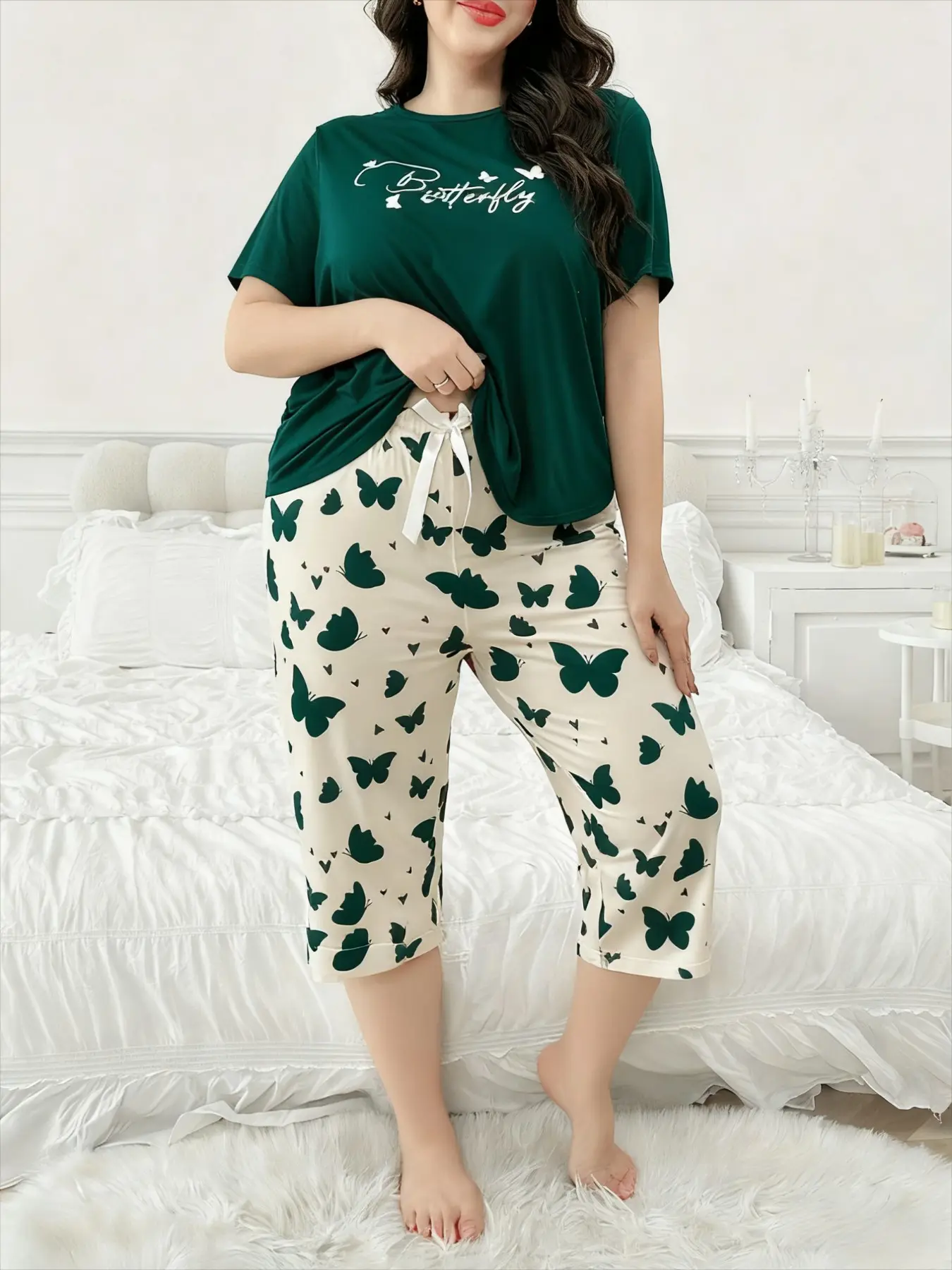 Women's Plus Size Two-Piece Sleepwear Pajama Pjs Loungewear Set, Womenswear, Butterfly Print Design, Comfortable Casual Round Neck Short Sleeve Top + Seven-Quarter Pants