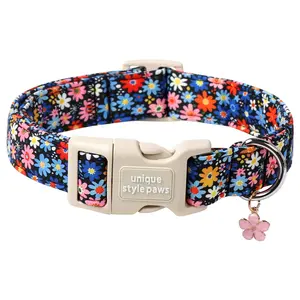Unique Style Paws Summer Daisy Dog Collar - Colorful Cotton Flower Collar for Male & Female Dogs, Chew Resistant, Adjustable Fit, Blue Daisy Design