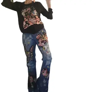 Upcycled Denim Patchwork Graphic  Pants Jeans for Women Size 29/32 butterfly design Casual Womenswear Everyday Dressy Statement