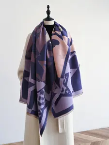 Women's Boho Style Star & Heart Pattern Fringe Trim Double Sided Scarf, Scarf Wrap, Casual Soft Scarf, Casual Warm Shawl for Fall & Winter, Fashion Accessories for Women & Girls