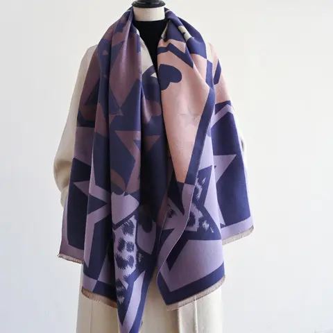 Women's Boho Style Star & Heart Pattern Fringe Trim Double Sided Scarf, Scarf Wrap, Casual Soft Scarf, Casual Warm Shawl for Fall & Winter, Fashion Accessories for Women & Girls