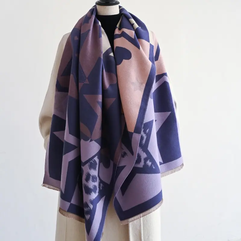Women's Boho Style Star & Heart Pattern Fringe Trim Double Sided Scarf, Scarf Wrap, Casual Soft Scarf, Casual Warm Shawl for Fall & Winter, Fashion Accessories for Women & Girls