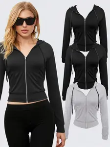 3-Piece American Style Short Hooded Jacket Set, Slim Fit Sporty Sweatshirt with Zipper, Casual Outerwear for All Seasons, Solid Tracksuit Set