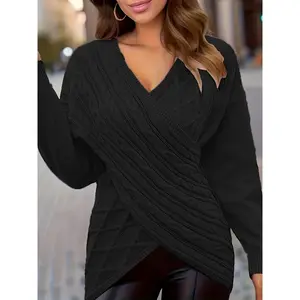 Plus Size Elegant Sweater, Women's Solid Cable Drop Shoulder Long Sleeve Wrap Cross V Neck Jumper
