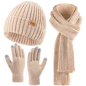 Women’s Thick Knit Winter Hat Scarf Gloves Set Fleece Lined Beanie with Matching Scarf and Gloves