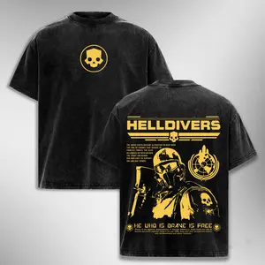 Helldivers 2 Vintage Washed T-Shirt Helldivers Game Graphic Tee Super Earth Gaming Shirt Oversized Unisex Streetwear Heavyweight Cotton Crewneck Premium Wash Tee Black Gamer Gift