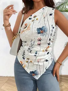 Oil Painting Floral Print Off-Shoulder Top, Single Shoulder Design, Side Ruching, Slim-Fitting, Casual Striped Tank Top, Woven Fabric
