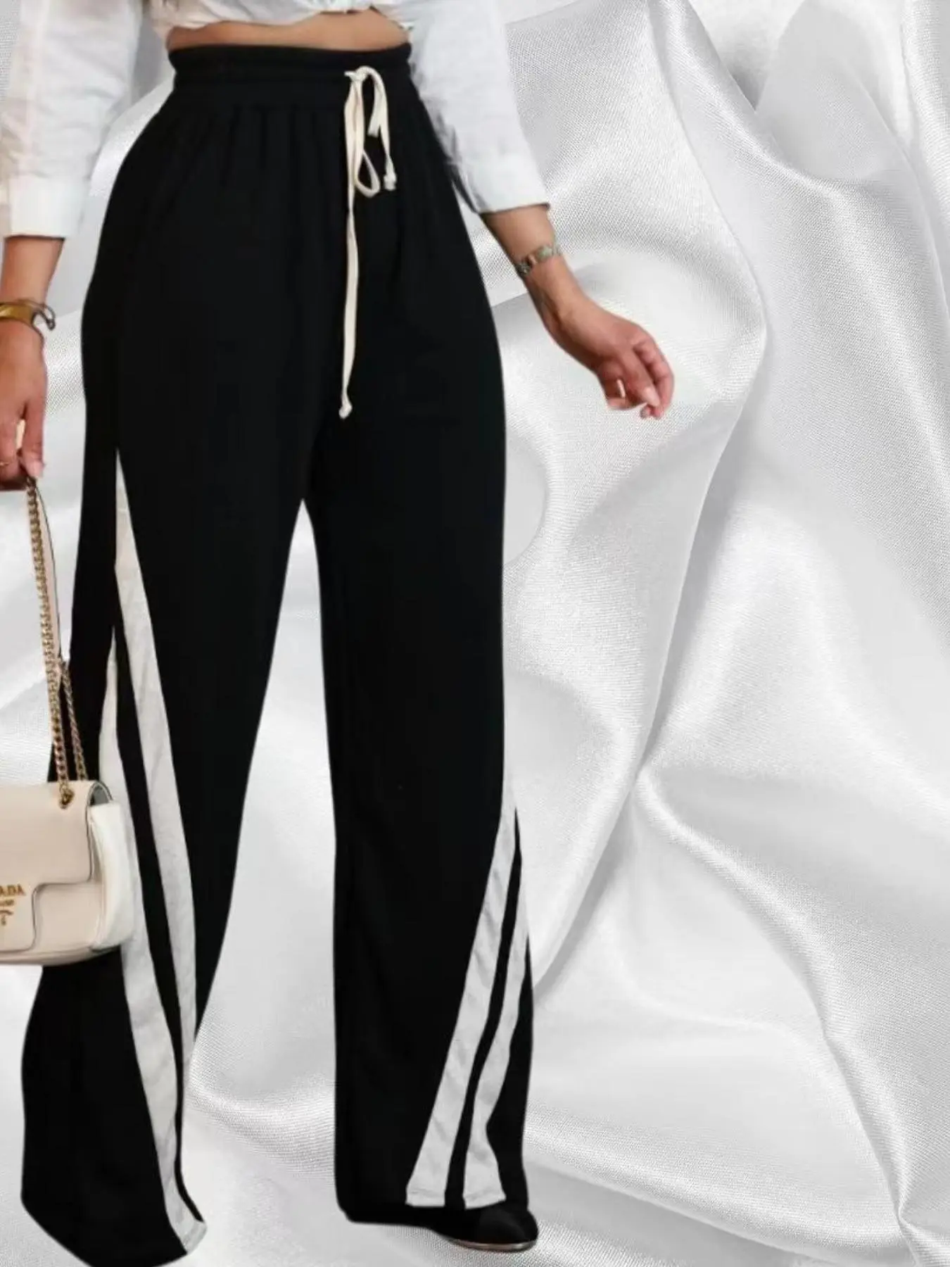 Women's Side Stripe Drawstring Adjustable Waist Wide Leg Loose Athletic Activewear Pants, Casual High Waist Trousers for Daily Outdoor Wear, Ladies Bottoms for All Seasons, Pants for Women, Baggy Pants, Comfy Jersey Fabric Womenswear