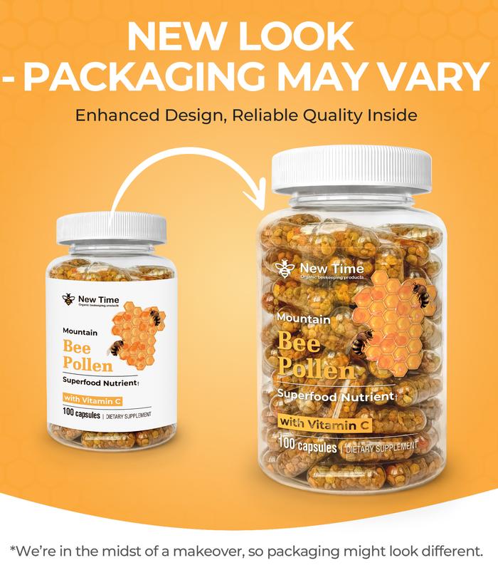 Bee Pollen with Vitamin C, 100 Capsules, Organic Dietary Supplement, Fermented Multivitamin Probiotic Superfood Vital Proteins Immune Support & Energy