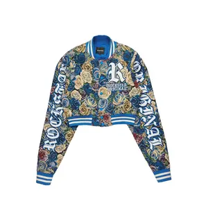 Darresha Blue Crop Tapestry Varsity Jacket