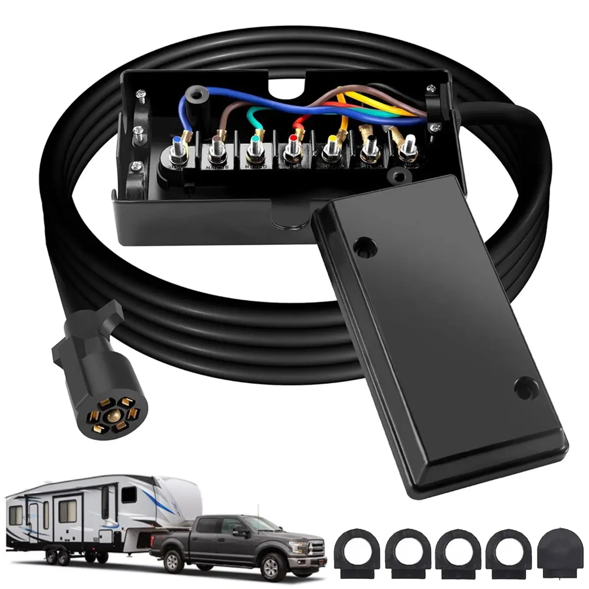 7 Pin Trailer Wiring Harness Kit with 4FT Heavy Duty 7 Way Plug Inline Trailer Cord and Waterproof 7 Way Trailer Junction Box for RV, Truck, and Camper