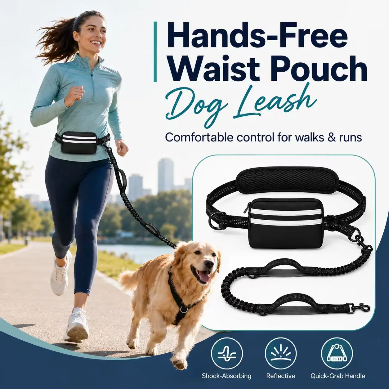 Hands-Free Dog Leash with Removable Waist Pouch, Shock-Absorbing Bungee Lead with Dual Padded Handles, Reflective Stitching & 360° Swivel Clip for Small, Medium & Large Dogs, Walking, Jogging, Running & Hiking