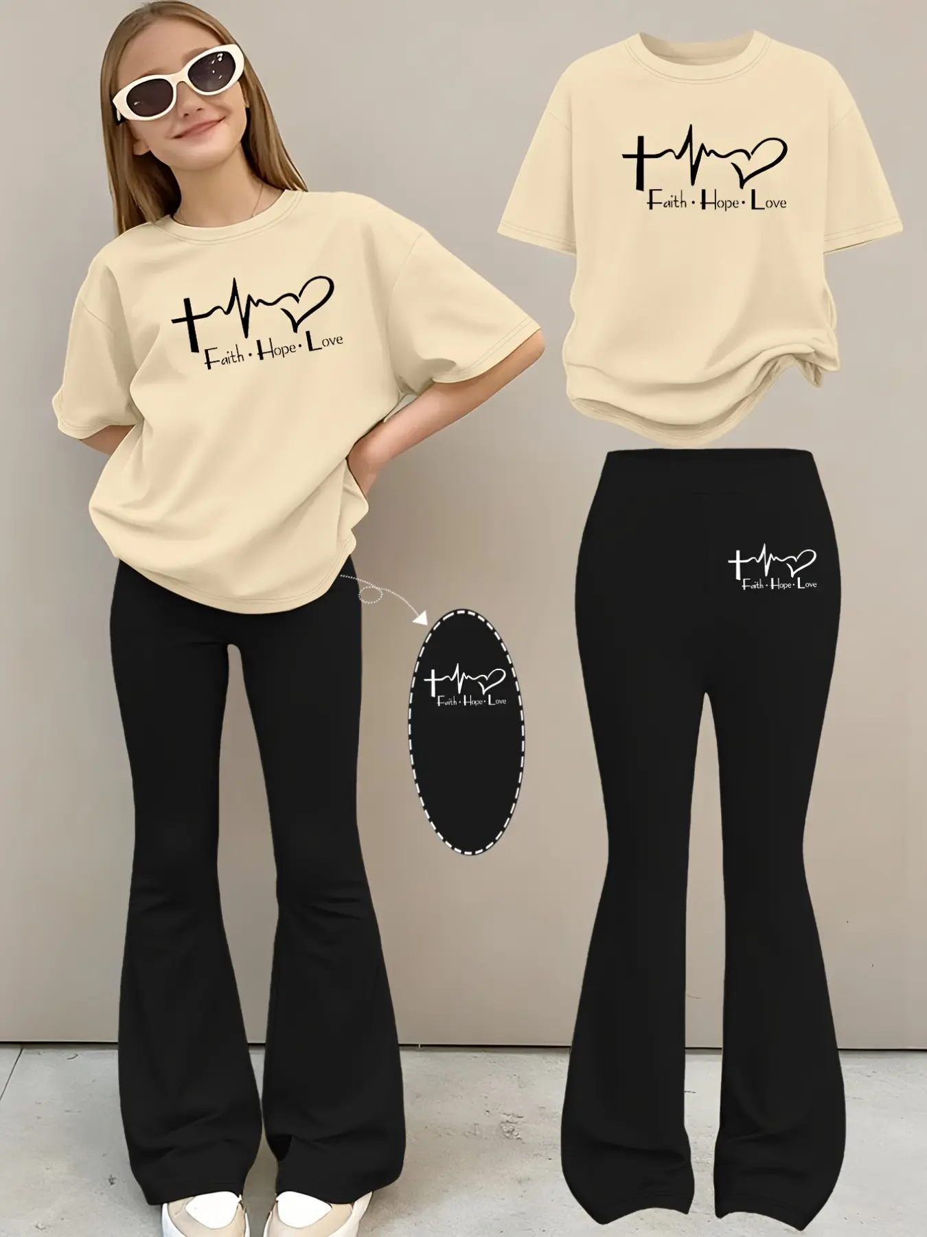 Girls’ summer two-piece set, Clothes: a printed short-sleeved crew-neck T-shirt paired with stretchy elastic flared trousers, ideal for outdoor activities. Made from polyester for year-round comfort