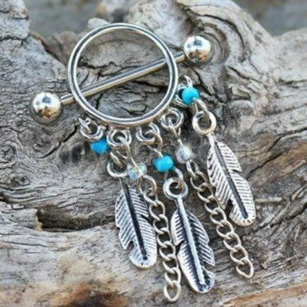 14ga (1.6mm) 316L Surgical Steel Nipple Shield with Turquoise Acrylic Beads, Bohemian Feather Dangle & Barbell, 1/2" (12mm) Body Jewelry