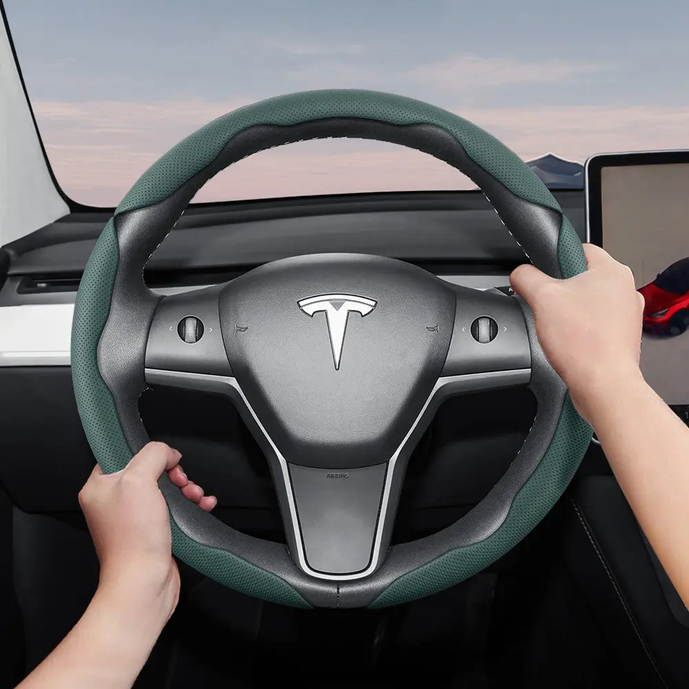 For Tesla Steering Wheel Cover – Perforated Breathable Leather, Sectional Ultra-Thin Design, Protects the Steering Wheel. Compatible with Model 3 Model Y Model S Model X Automotive Steering Wheel Protector Car Accessories
