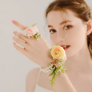 White Floral Hand and Wrist Jewelry Set with Pearls – Elegant Bridal Accessory for Weddings and Special Occasions,Champagne and Green Flower Corsage,Boho Rustic Bridal Corsage/Bracelet,Artificial Flower Wrist Corsage,Men's Button Holes/ Boutonnieres