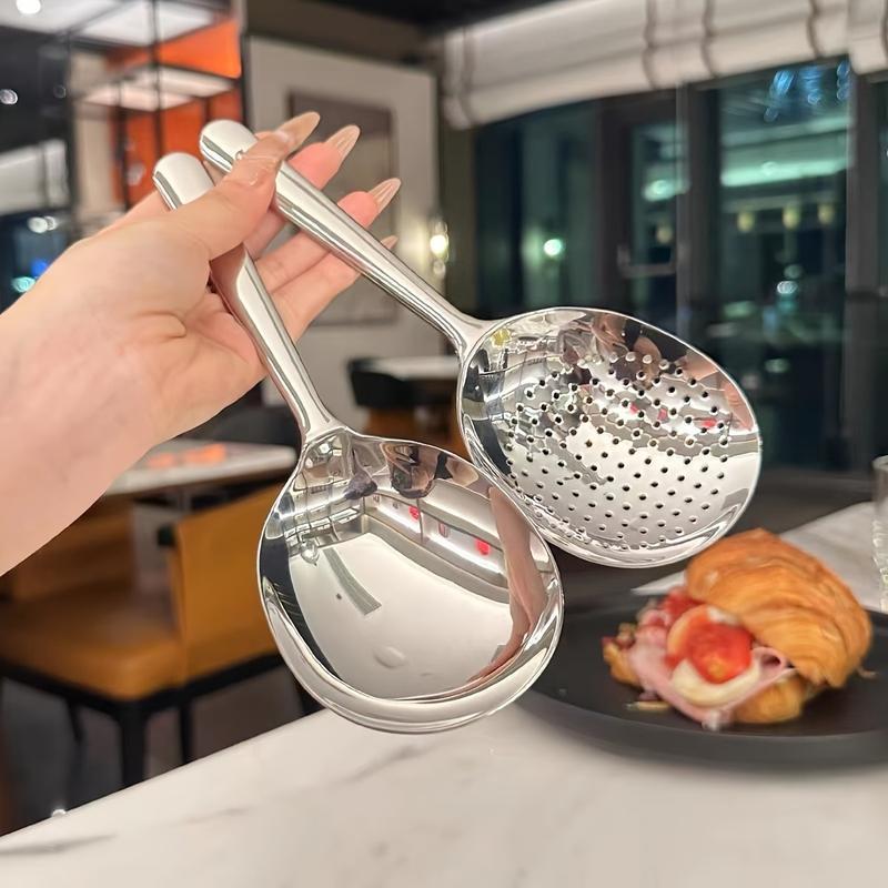 Skimmer & Ladle Set, Korean Style Serving Ladles, 1x Serving Ladle Spoon, 1 x Skimmer with hole, Stainler, Stainless Steel, 7Inch Length, Silver, Korean Mukbang, Ramen